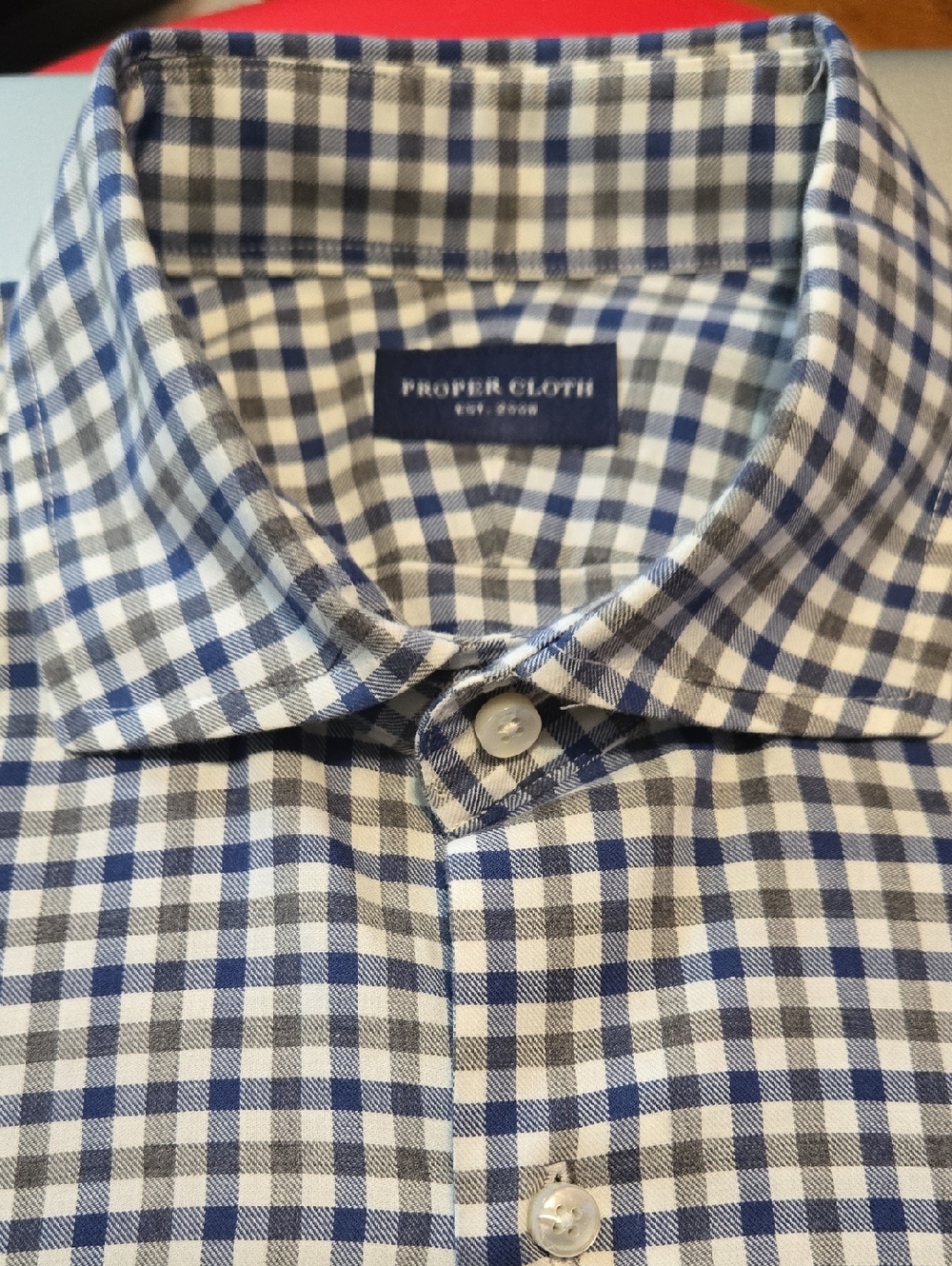 Proper Cloth Shirt Men's Size 16.5 Blue Grey Gingham Check Cotton Long Sleeve